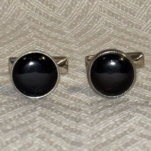 Vintage Black Onyx Look Round Cufflinks Silver Tone Bullet Back Classic Formal
